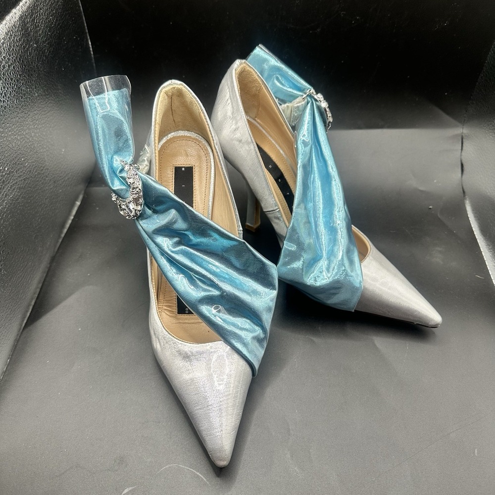 MIDNIGHT 00 Silver Blue Crescent Moon Ruched Heels Glam Bridal Homecoming 6.5